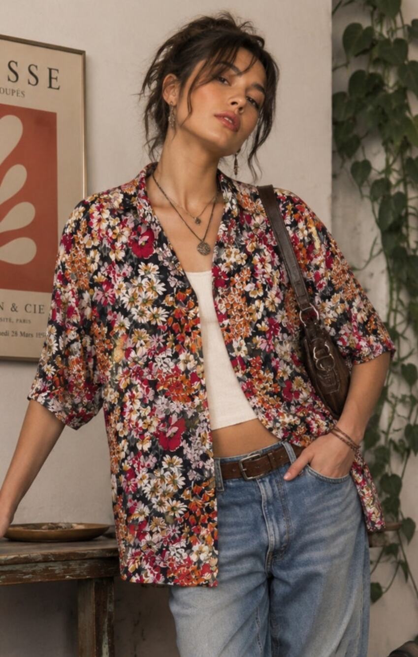 Vintage 90s Take Away Floral Button Up Shirt M Boho Artsy Maximalist